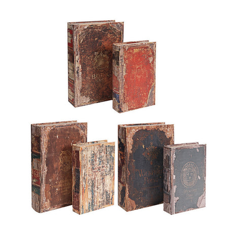 Set of 6 Antique Book Boxes resembling vintage leather-bound books, perfect for stylish storage and home decor.