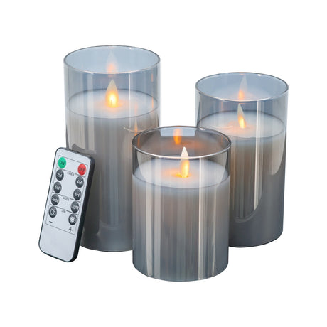 Grey LED Wax Candles with Remote, lifelike, flameless, adjustable brightness, perfect for cozy settings and decorated spaces.