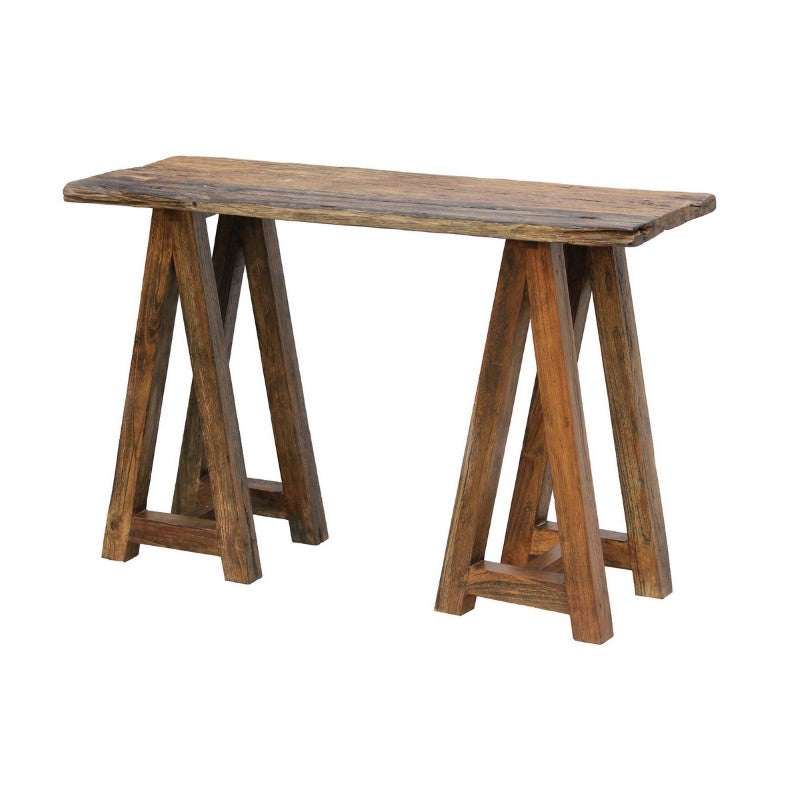 Rustic Railway Sleeper Hall Table (122x81cm) featuring unique wood grain, perfect for entryways with durability and style.