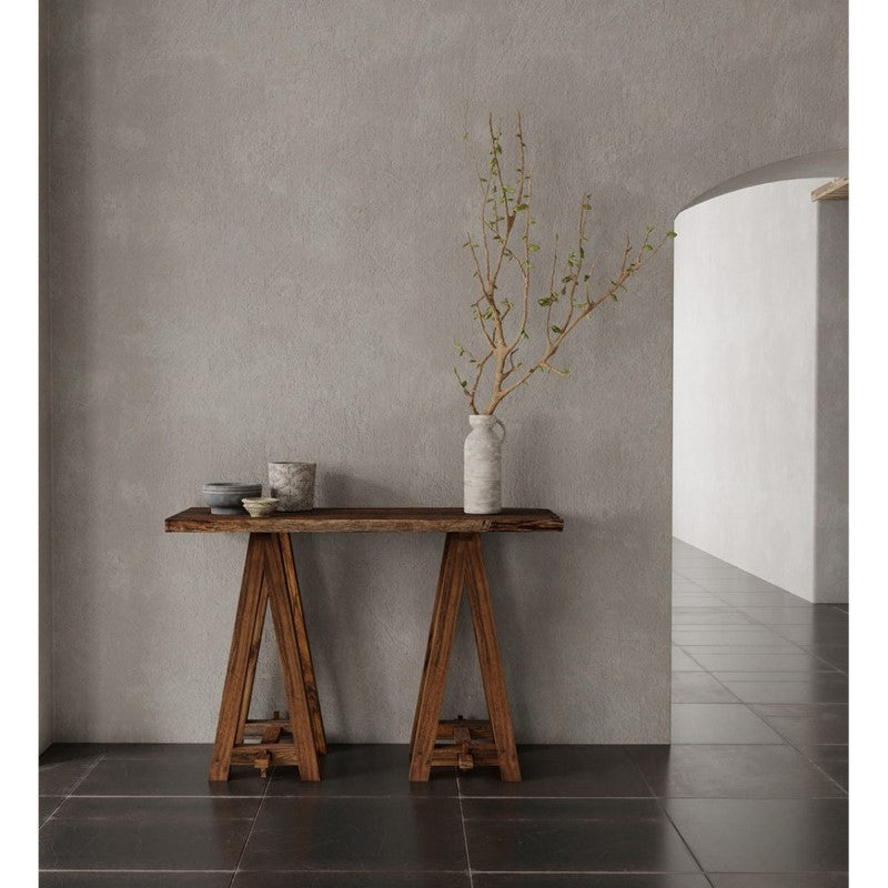 Rustic Railway Sleeper Hall Table (122x81cm) with unique wood grain, ideal for hallway storage and decor.