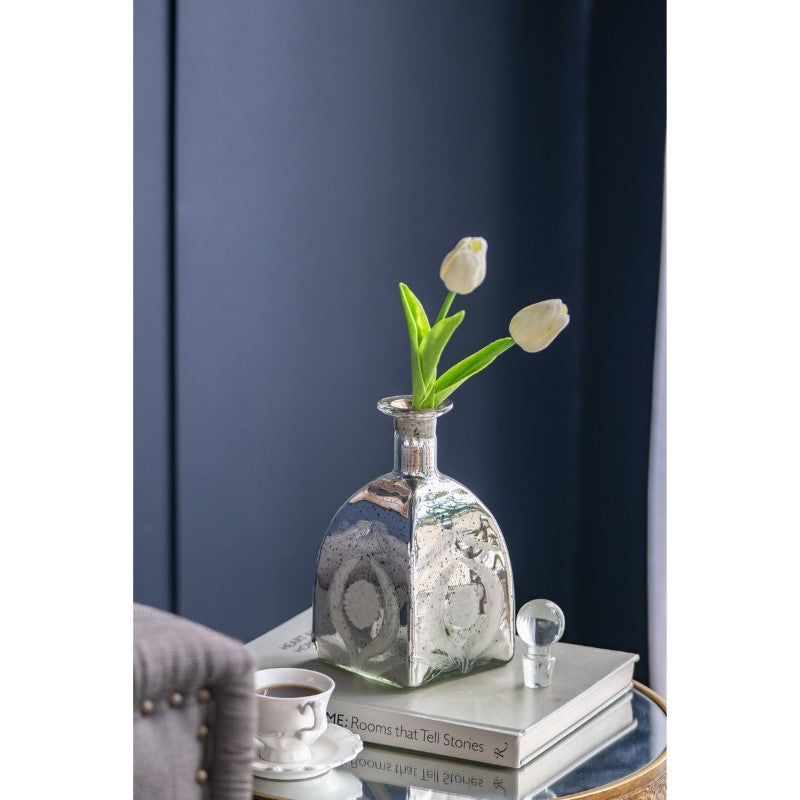 Antique mirrored vase (11.5 x 25.5 cm) with a distressed finish, perfect for flowers or as a stylish decor piece.