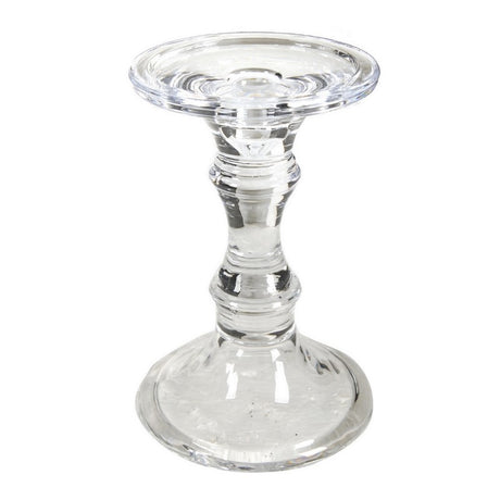 Elegant glass candle stick holder, 12 x 18 cm, perfect for tealights or tapered candles, enhances any decor with sophistication.