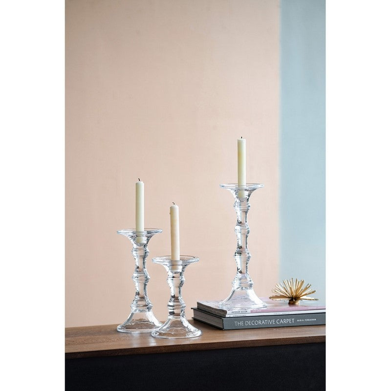 Elegant 12 x 18 cm glass candle stick holder, perfect for tealights and tapered candles, enhancing any room's decor.