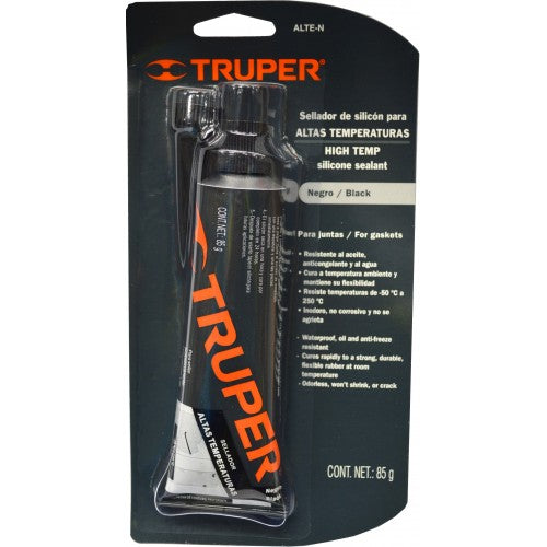 Truper Hi-Temp Silicone Sealant in black, designed for extreme temperatures up to 250°C, ideal for reliable sealing and repairs.