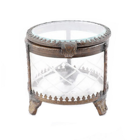 Round brass and glass jewellery box, 9.5cm, elegantly showcases and organizes rings and necklaces while adding vintage charm.