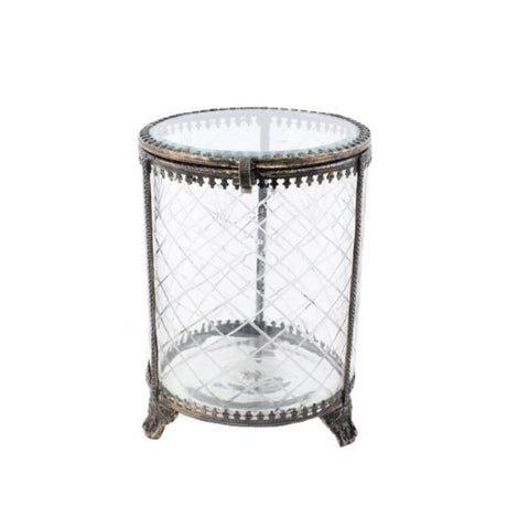 Elegant round brass and glass jewellery box, 14cm, perfect for organizing rings, earrings, and necklaces while enhancing decor.