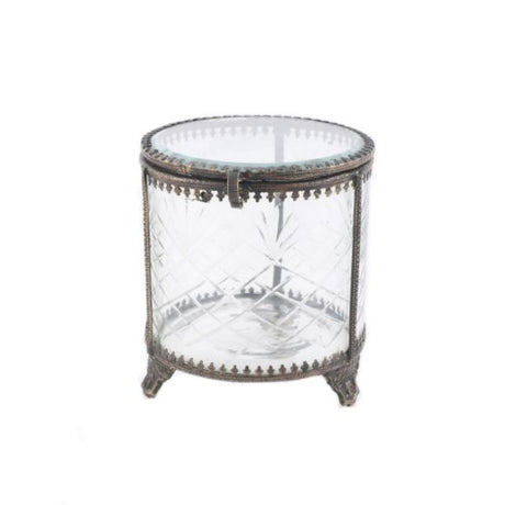 Elegant round jewellery box made of brass and glass, 12cm diameter, perfect for organizing and displaying jewelry.