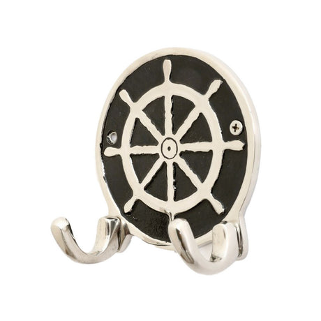 Nautical-themed aluminum wall hook shaped like a ship wheel, measuring 11.5cm, ideal for keys, bags, or towels.