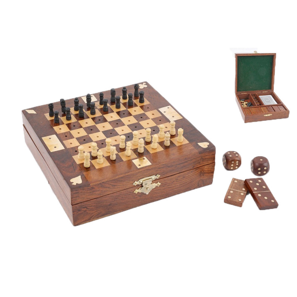 Elegant wooden game set including cards, dice, dominoes, and chess for endless family fun and gatherings.