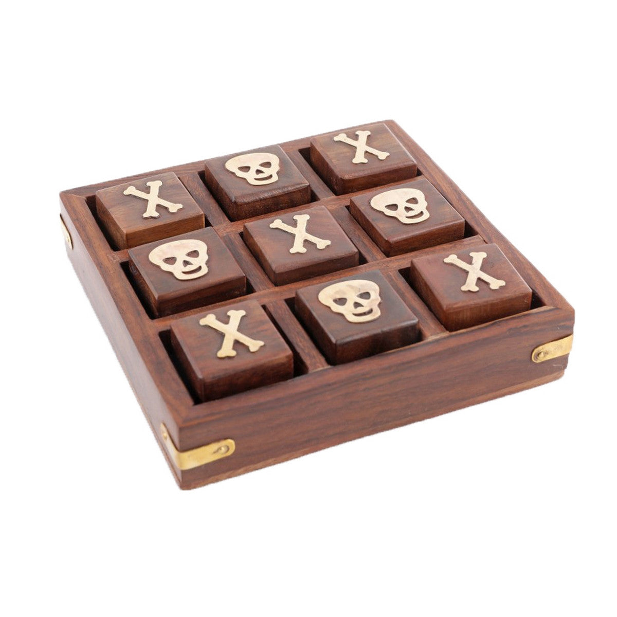 Wooden tic tac toe set featuring a whimsical skull and crossbones design, perfect for fun game nights and stylish decor.