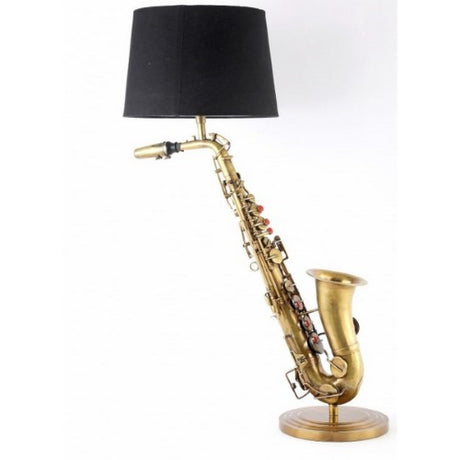 Brass saxophone lamp with black shade, 82.5 cm tall, artistic and functional for music lovers, enhancing any decor.