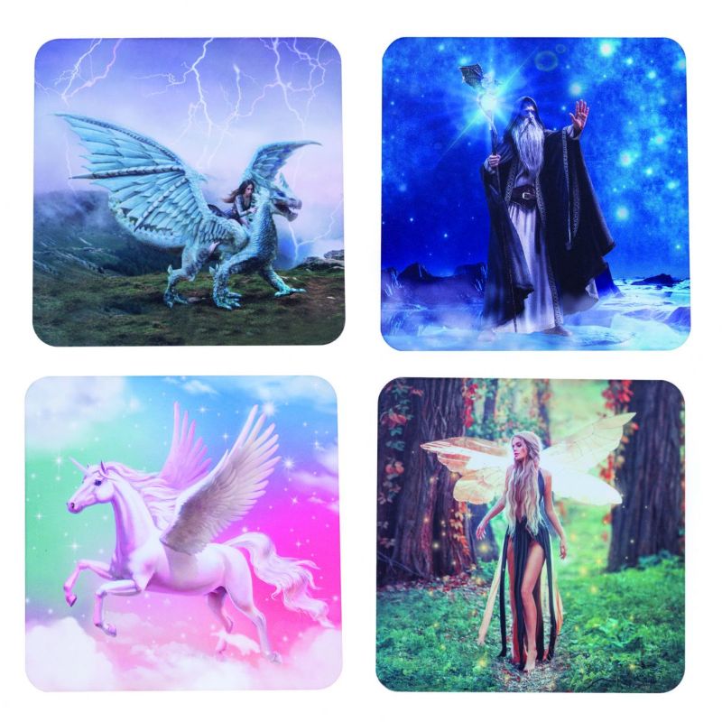 Set of 7 enchanting coasters featuring mystical scenes of fairies, wizards, unicorns, and dragons, perfect for any beverage.