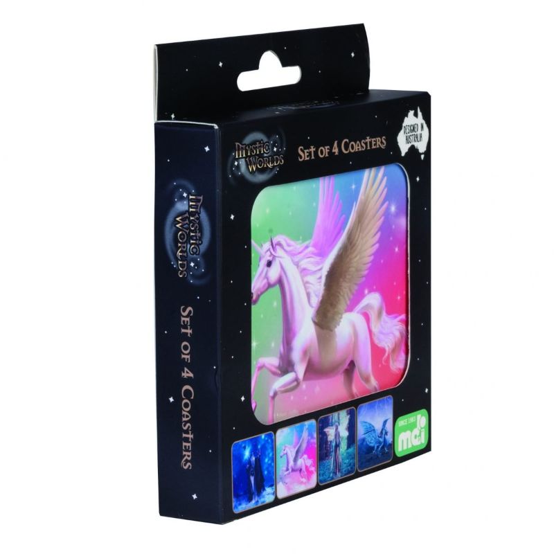 Enchanting set of 28 mystical coasters featuring a fairy, wizard, unicorn, and dragon; perfect for protecting surfaces.