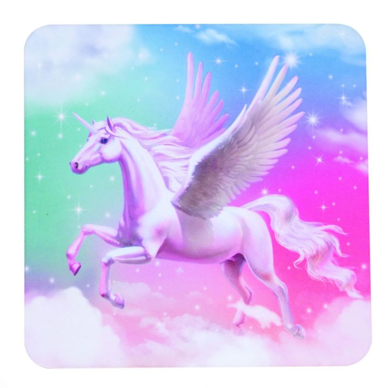 Set of 7 mystical coasters featuring enchanting scenes of fairies, wizards, unicorns, and dragons, perfect for decor and spills.