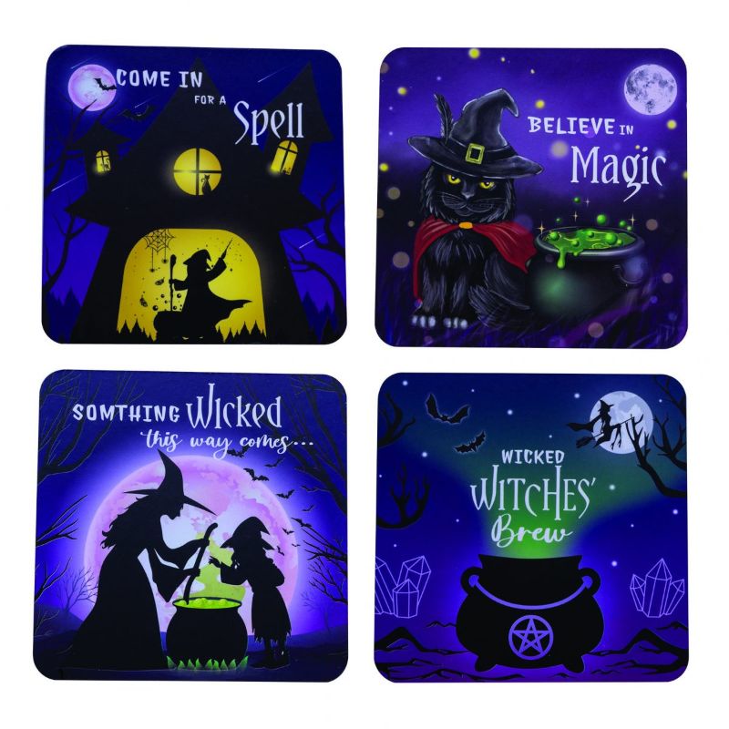 Set of 6 enchanting coasters featuring whimsical designs of witches, cauldrons, and a black cat, perfect for home decor.