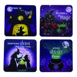Set of 6 enchanting coasters featuring whimsical designs of witches, cauldrons, and a black cat, perfect for home decor.