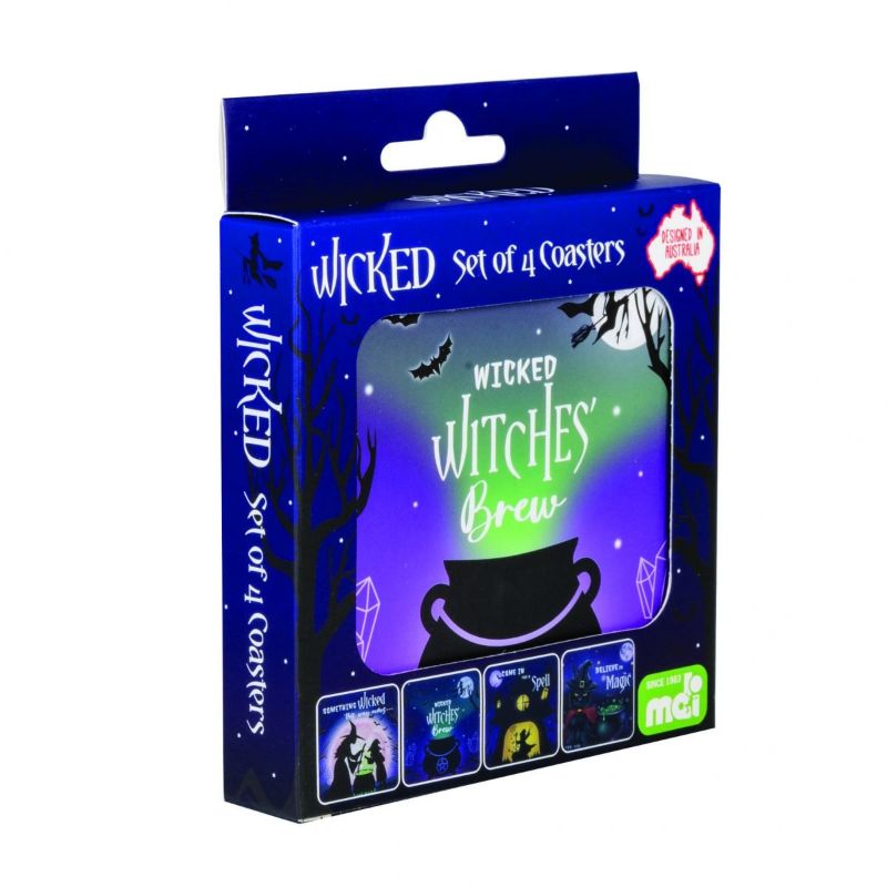 Set of 24 magical coasters featuring unique designs of witches, cauldrons, and a black cat, perfect for enchanting decor.