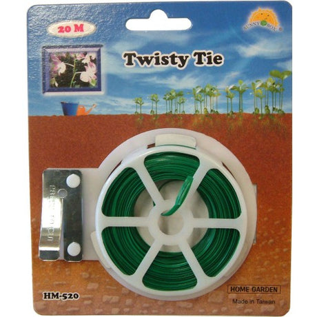 Durable 20m Tie-Wire Twisty Tie dispenser with inbuilt cutter, perfect for gardening and organizing tasks.