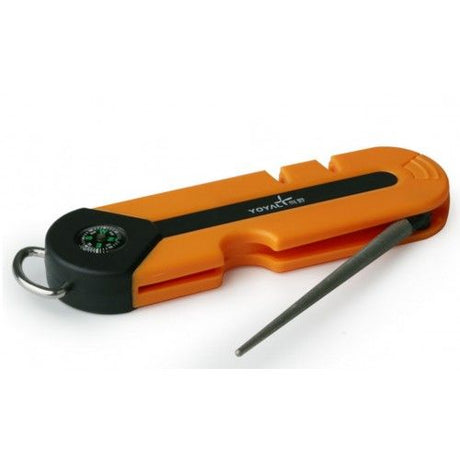 Compact 4-in-1 outdoor knife sharpener in bright orange, featuring diamond and ceramic options for versatile sharpening needs.