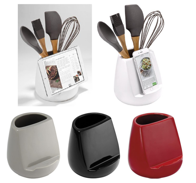 Utensil holder and tablet stand in Oliver Stone Gloss, ideal for organizing utensils and securely propping devices for cooking.
