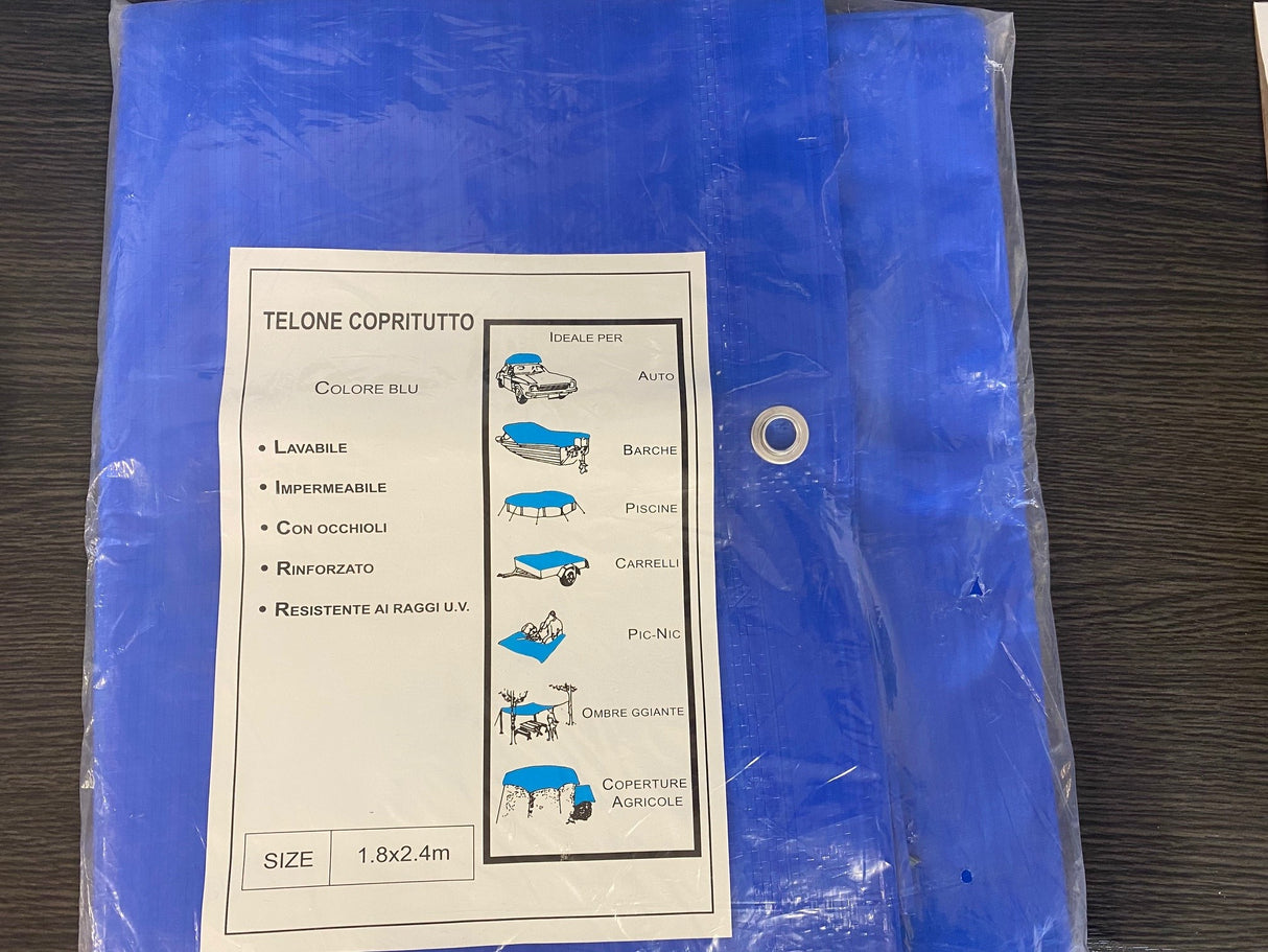 Durable blue polyethylene tarp, 1.8x2.4m, waterproof, lightweight, and tear-resistant for outdoor protection and storage.