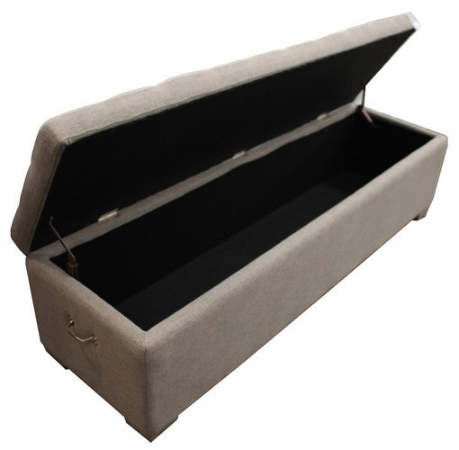 Grey linen blanket box ottoman with metal handles, perfect for stylish storage and seating in modern bedrooms.