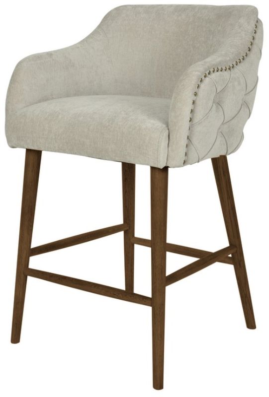 Luxurious Charleston Buttoned Back barstool in soft chenille linen, featuring a stylish buttoned back and sturdy oak legs.