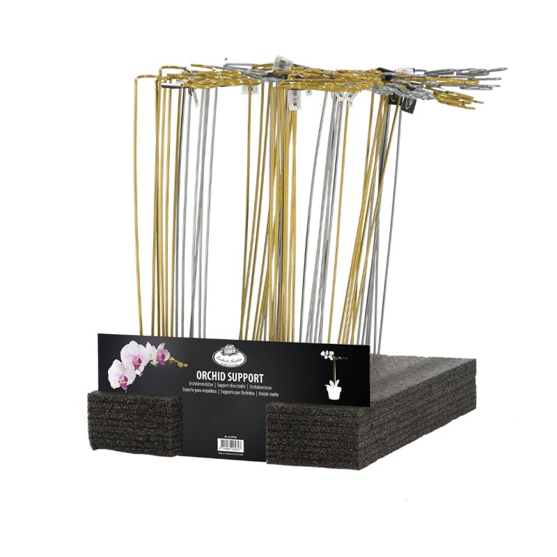 "Geometric orchid supports in gold and silver, measuring 37x12x3cm, providing stylish stability for long-stemmed plants."