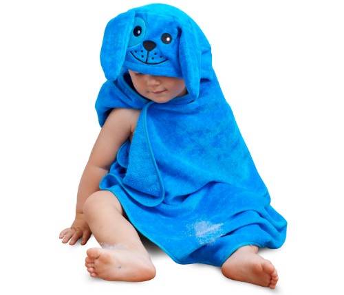 Kiddie Towels in teal with a dog design, made from plush cotton, perfect for toddlers after baths or pool fun.