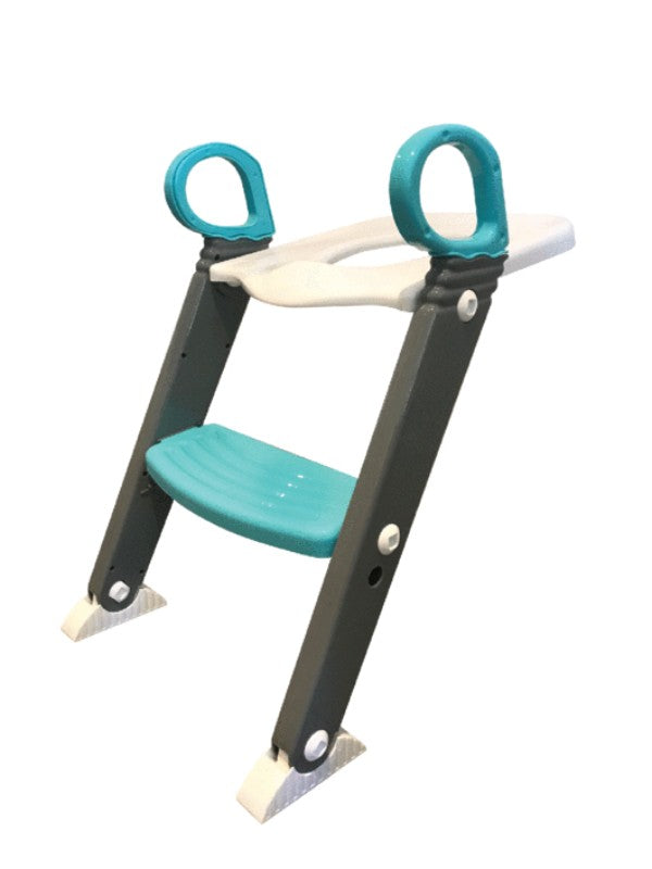 Moose Step on Up Toilet Trainer in Grey/Aqua for toddlers; features non-slip pads, easy storage, and stable design.