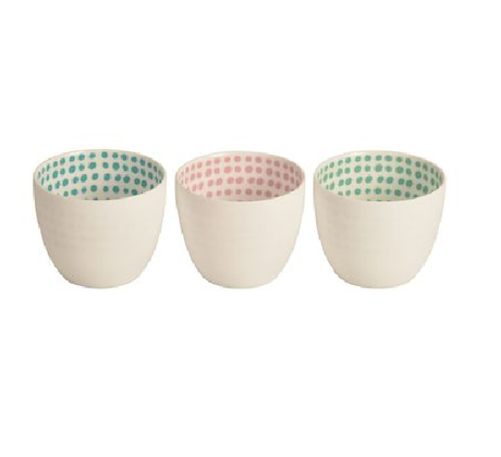 Set of 3 vibrant tealight candle holders in Blue, Green, and Pink, featuring a playful dot pattern for charming decor.