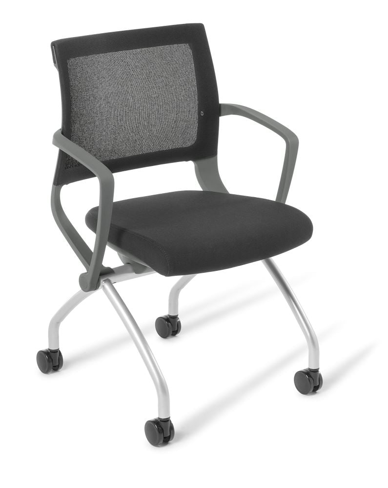 Sleek black chair with a mesh backrest, supportive armrests, and flip-up seat for versatile public seating and easy storage.