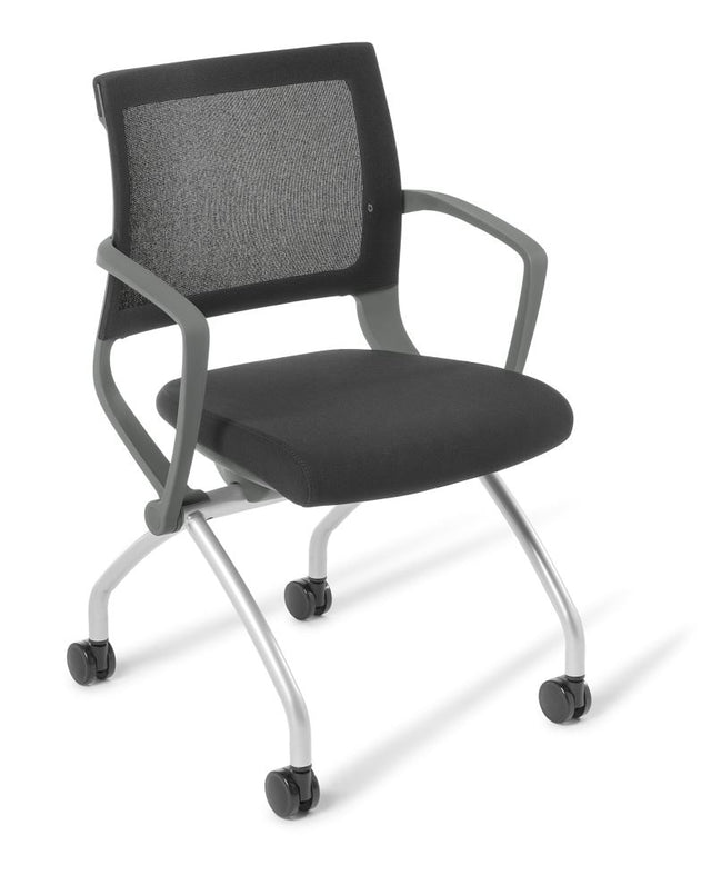Sleek black chair with a mesh backrest, supportive armrests, and flip-up seat for versatile public seating and easy storage.