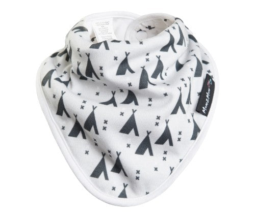 Bamboo Bandana Bib featuring Teepee and Crosses design, reversible with three layers for comfort and style for ages 4 months to 3 years.