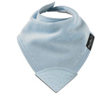 Stylish baby blue teething bib with silicone teether; absorbs dribbles & keeps baby dry and comfortable during teething.