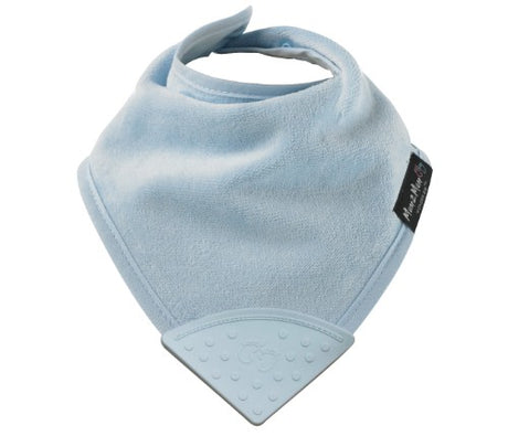 Stylish baby blue teething bib with silicone teether; absorbs dribbles & keeps baby dry and comfortable during teething.