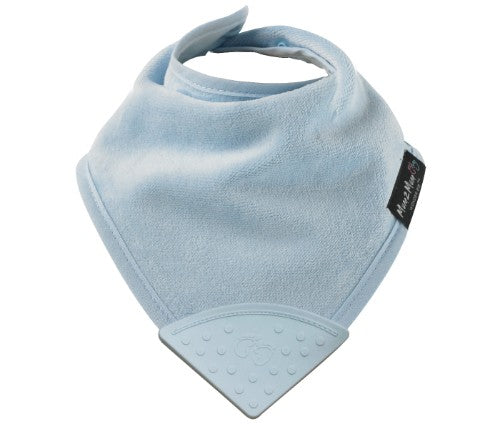 Stylish baby blue teething bib with silicone teether; absorbs dribbles & keeps baby dry and comfortable during teething.