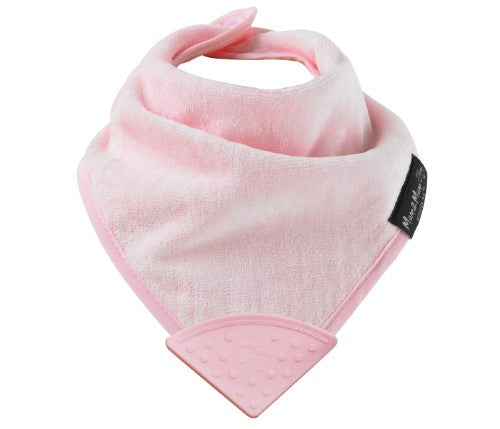 Baby Pink Teething Bandana Wonder Bib featuring a silicone teether, soft cotton, and water-resistant backing for ultimate comfort.