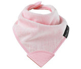 Baby Pink Teething Bandana Wonder Bib featuring a silicone teether, soft cotton, and water-resistant backing for ultimate comfort.