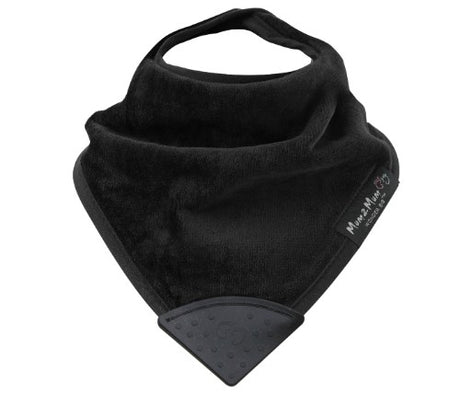 Stylish black teething bib with silicone teether, made of soft cotton, water-resistant, and super-absorbent for comfort.