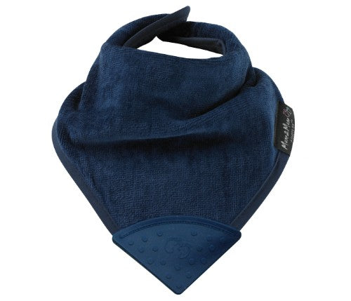 Navy teething bandana bib featuring a silicone teether, absorbent cotton, and water-resistant backing for comfort.