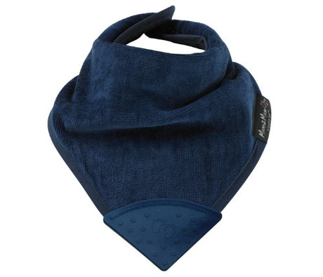 Navy teething bandana bib featuring a silicone teether, absorbent cotton, and water-resistant backing for comfort.