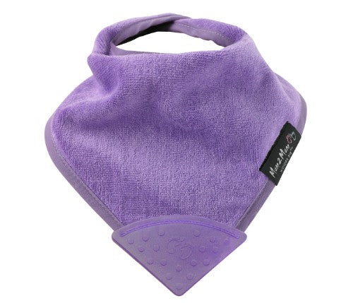 Teething Bandana Wonder Bib in purple with silicone teether, soft cotton, and water-resistant backing for teething relief.