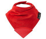 Teething Bandana Wonder Bib in red with silicone teether, super-absorbent cotton, and water-resistant backing for comfort.