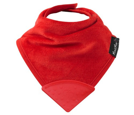 Teething Bandana Wonder Bib in red with silicone teether, super-absorbent cotton, and water-resistant backing for comfort.