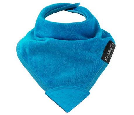 Teal teething bandana bib with silicone teether, soft cotton, and water-resistant backing for comfort and dry protection.