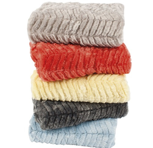 Luxurious sky blue throw blanket with soft faux fur front and cozy polar fleece reverse, featuring a textured chevron design.