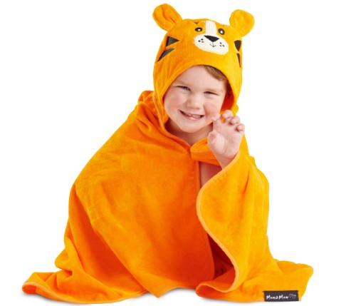 Vibrant orange tiger toddler towel made from 100% cotton, ideal for bath and beach fun.