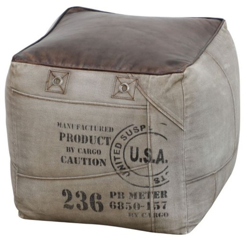 Square leather and canvas ottoman featuring rustic charm; ideal for seating or as a unique coffee table alternative.