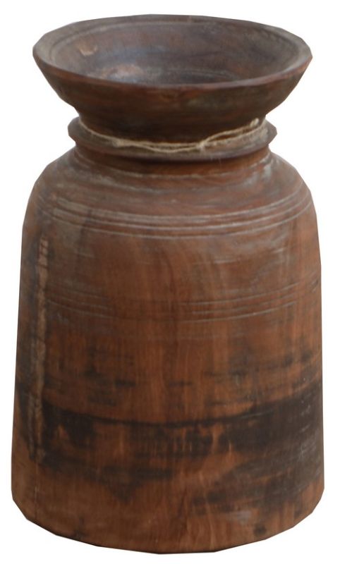 Handcrafted wooden vase (39cm) with antique finish, perfect for flowers or as a standalone decor piece in any space.